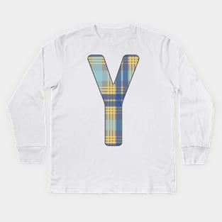 Monogram Letter Y, Blue, Yellow and Grey Scottish Tartan Style Typography Design Kids Long Sleeve T-Shirt